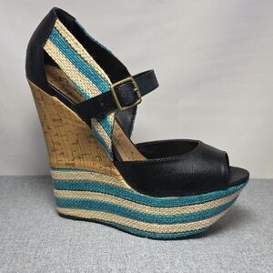 Qupid Black and Teal Striped Wedges